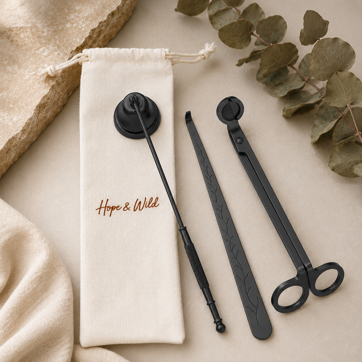 Black Candle Care Gift Set | Hope & Wild | Wick Cutter Snuffer & Wax Dipper