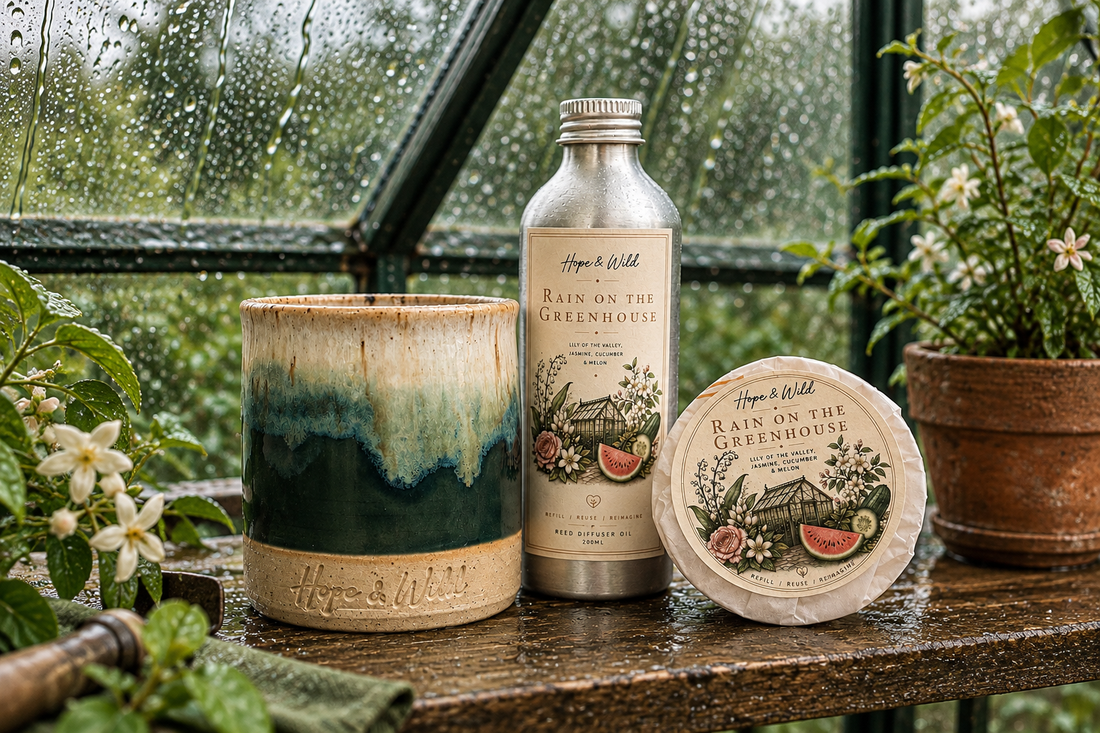 Hope & Wild Rain on the Greenhouse refillable candle and reed diffuser collection in a rain-soaked greenhouse