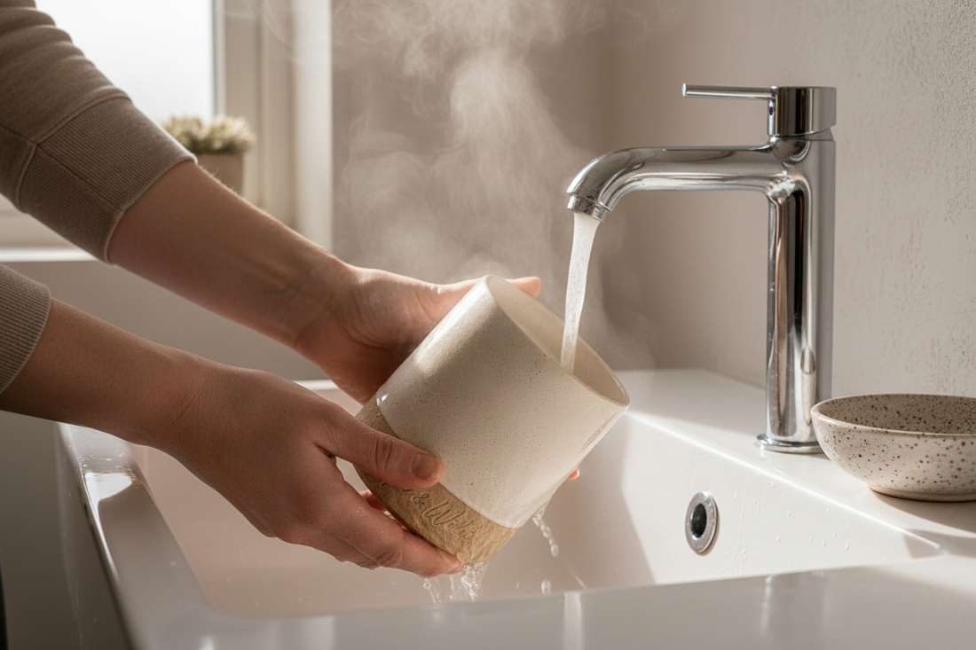 Hands cleaning a Hope & Wild ceramic candle vessel under running water at a white sink