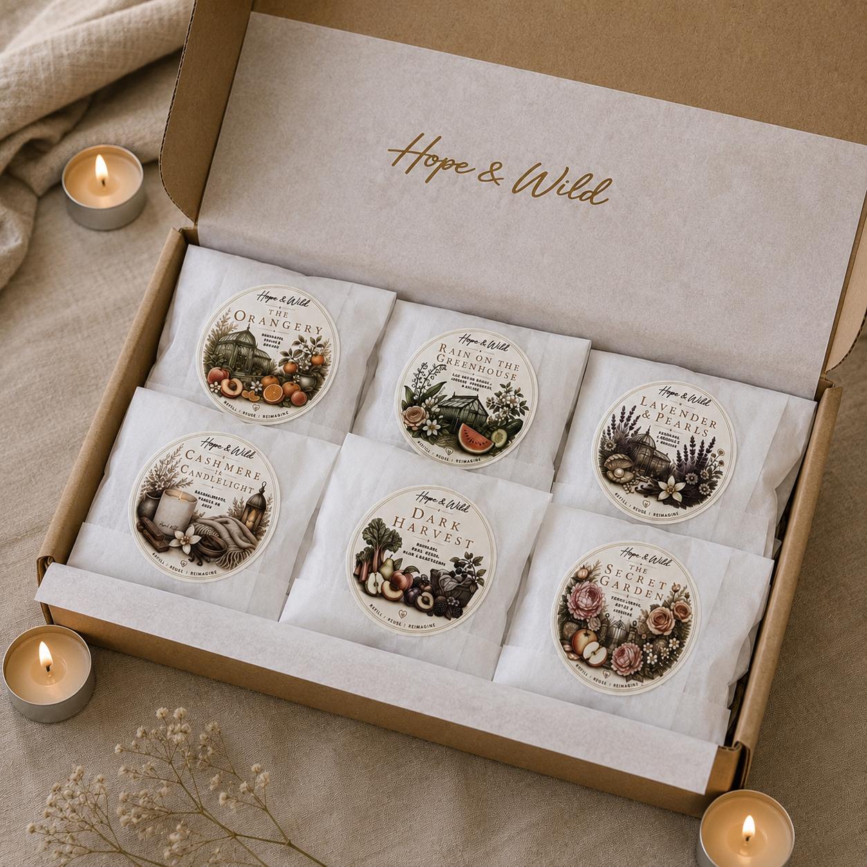 Scent Discovery Pack | Hope & Wild | Luxury Home Fragrance Tealight Sample Set | The Orangery | Rain On The Greenhouse | Lavender & Pearls | Cashmere In Candlelight | Dark Harvest | The Secret Garden
