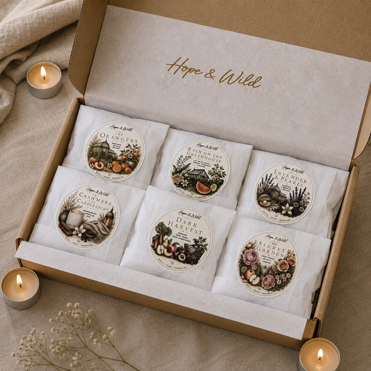 Scent Discovery Pack | Hope & Wild | Luxury Home Fragrance Tealight Sample Set | The Orangery | Rain On The Greenhouse | Lavender & Pearls | Cashmere In Candlelight | Dark Harvest | The Secret Garden
