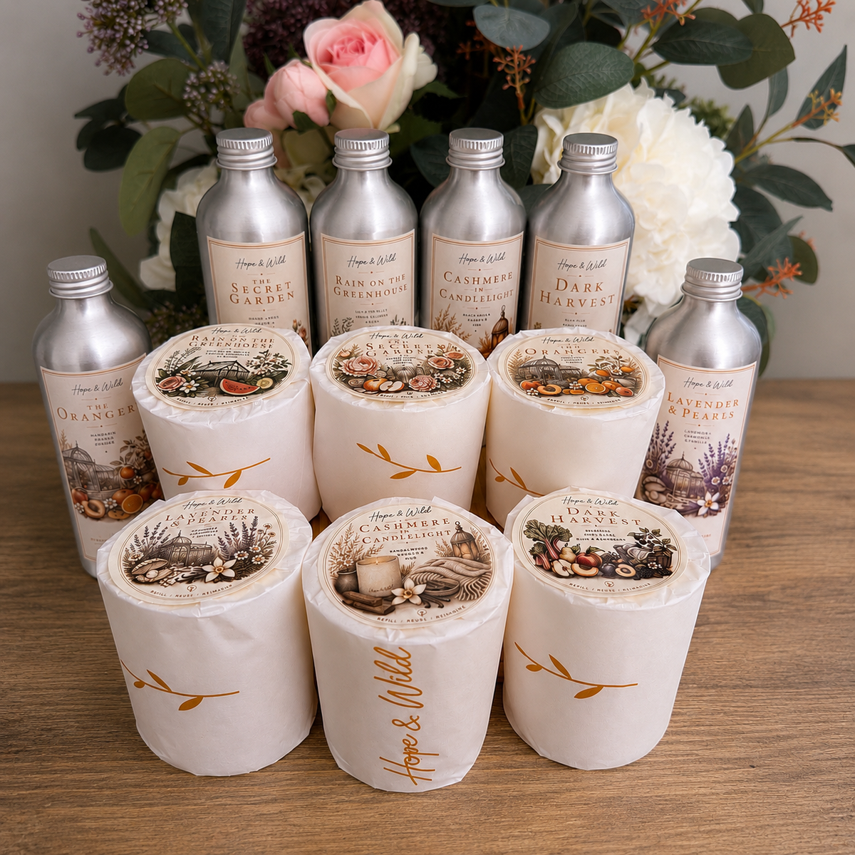 A collection of Hope & Wild candle and diffuser products - REFILL.REUSE.REIMAGINE.
