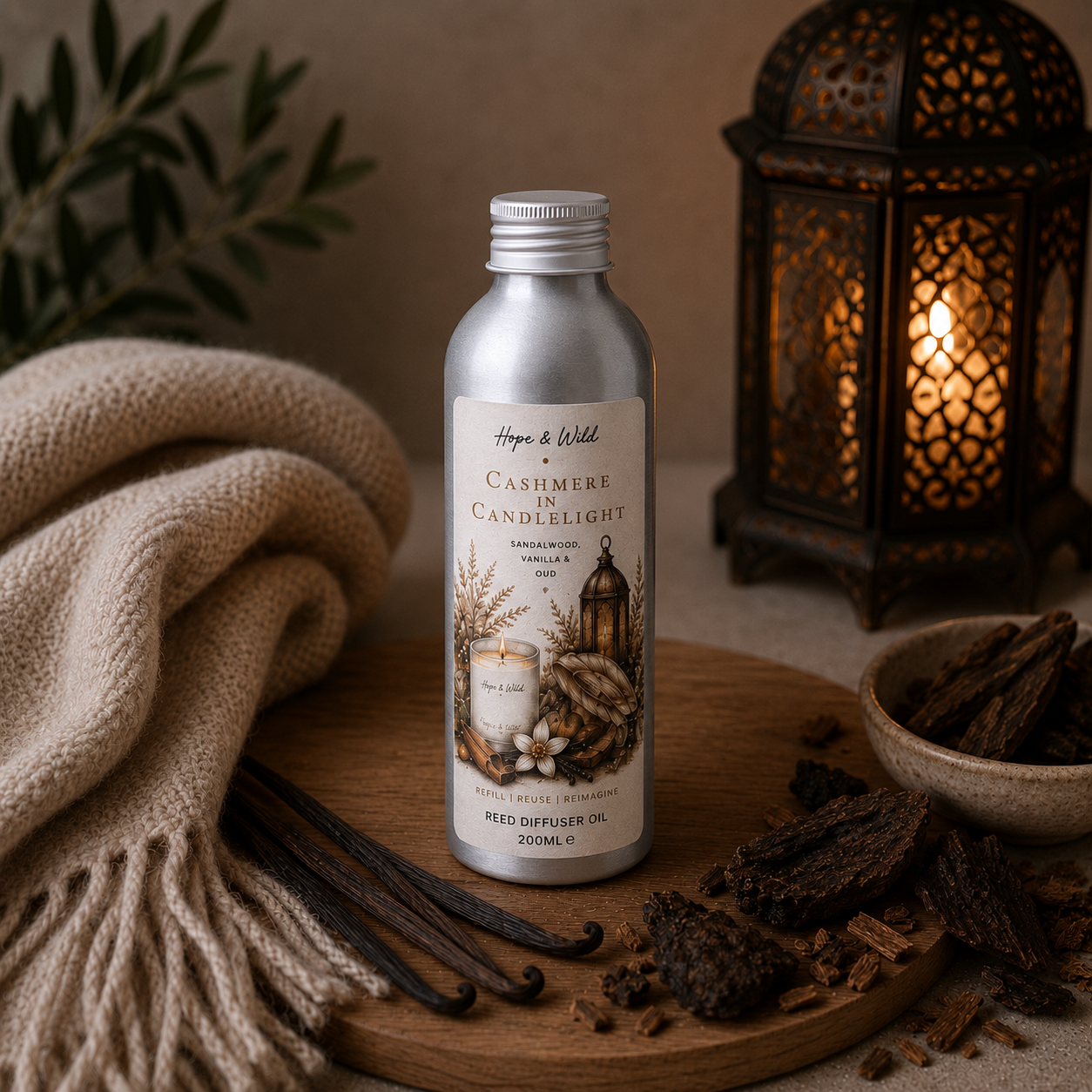 Cashmere In Candlelight Diffuser Refill Oil | Hope & Wild | Reed Diffuser Refill | Vanilla, Sandalwood & Oud Refillable Diffuser Oil 