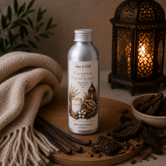 Cashmere In Candlelight Diffuser Refill Oil | Hope & Wild | Reed Diffuser Refill | Vanilla, Sandalwood & Oud Refillable Diffuser Oil 
