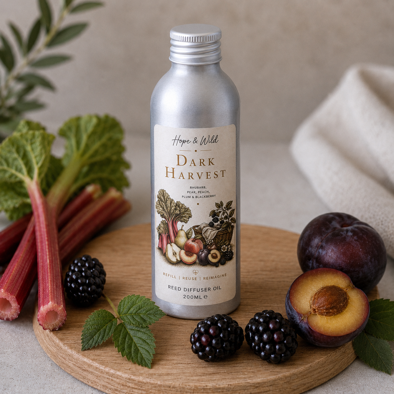 Dark Harvest Reed Diffuser Refill Oil | Hope & Wild | Reed Diffuser Refill | Plum, Peach, Pear Rhubarb and Blackberry Refillable Reed Diffuser Oil