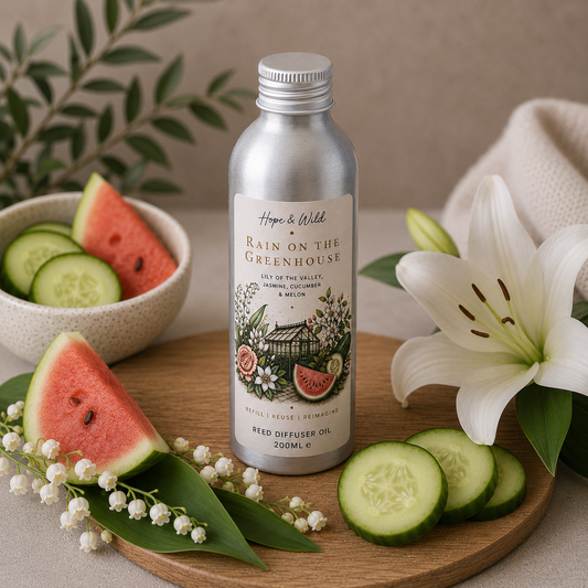 Rain On The Greenhouse Reed Diffuser Refill Oil | Hope & Wild | Reed Diffuser Refill | Lily, Jasmine, Cucumber & Melon Refillable Reed Diffuser Oil 