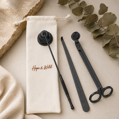 Black Candle Care Gift Set | Hope & Wild | Wick Cutter Snuffer & Wax Dipper
