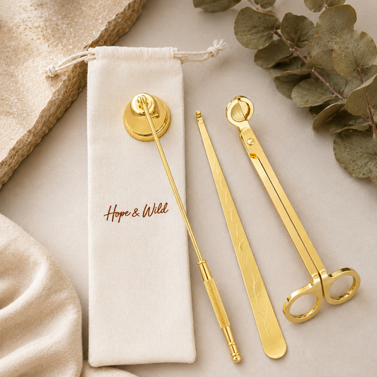 Gold Candle Care Gift Set | Hope & Wild | Wick Cutter Snuffer & Wax Dipper