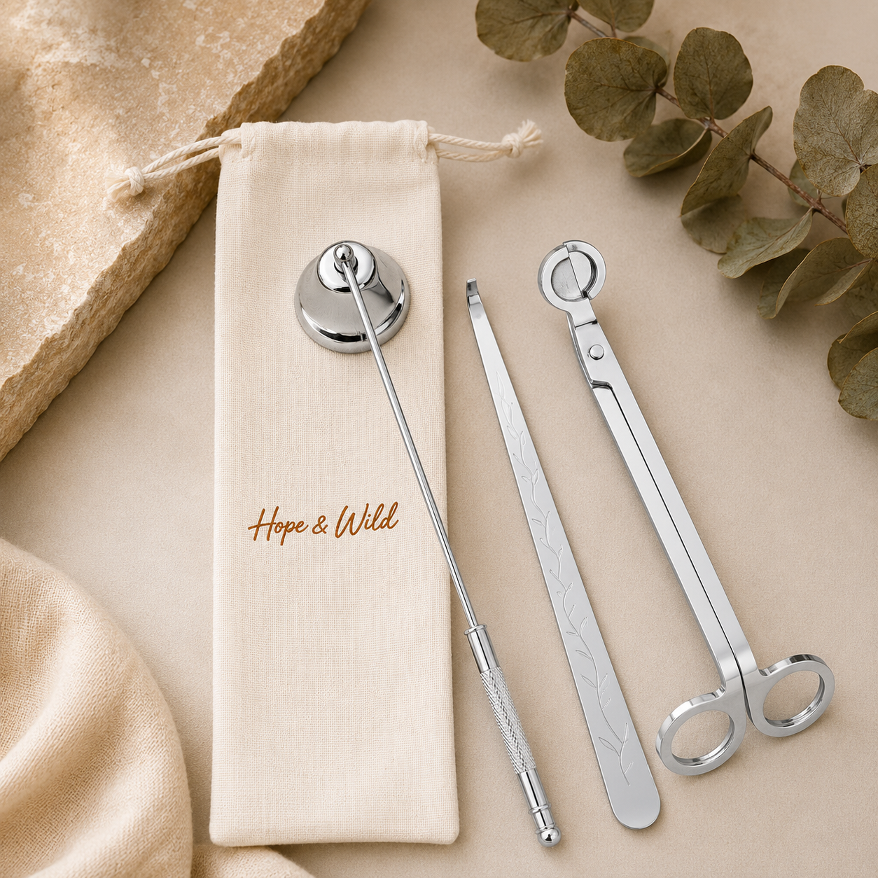 Silver Candle Care Gift Set | Hope & Wild | Wick Cutter Snuffer & Wax Dipper